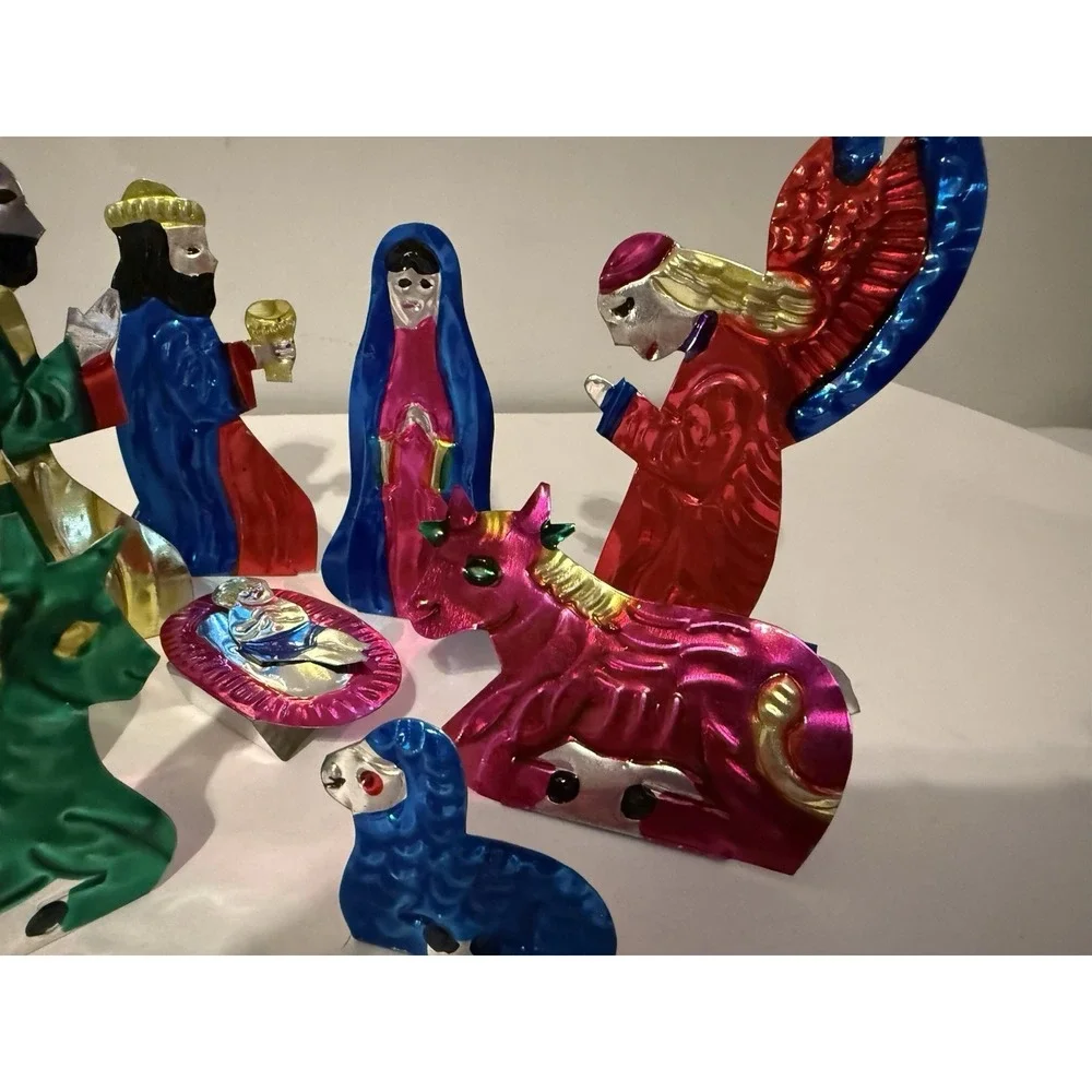 Vtg Punched Tin Metal Colorful Nativity Christmas Set Mexican Folk Art